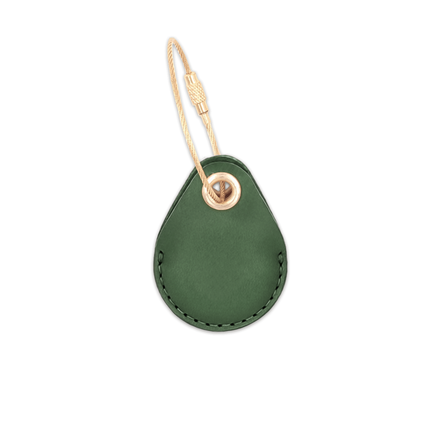 Green leather AirTag holder with brass luggage loop