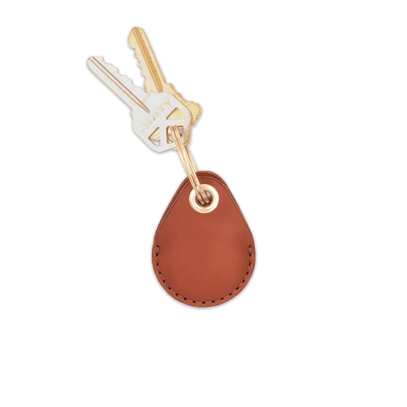 Brown leather AirTag holder with brass keychain and keys