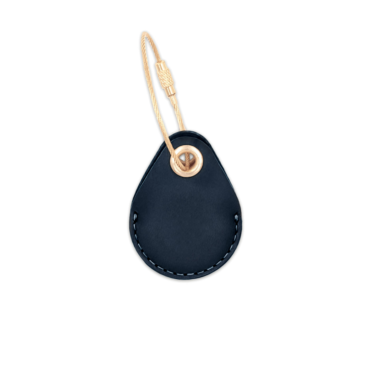 Navy leather AirTag holder with brass luggage loop