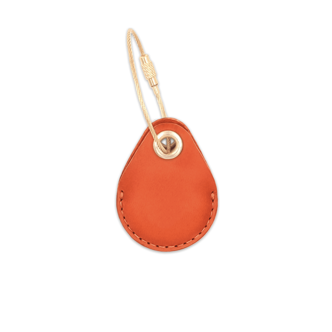 Orange leather AirTag holder with brass luggage loop