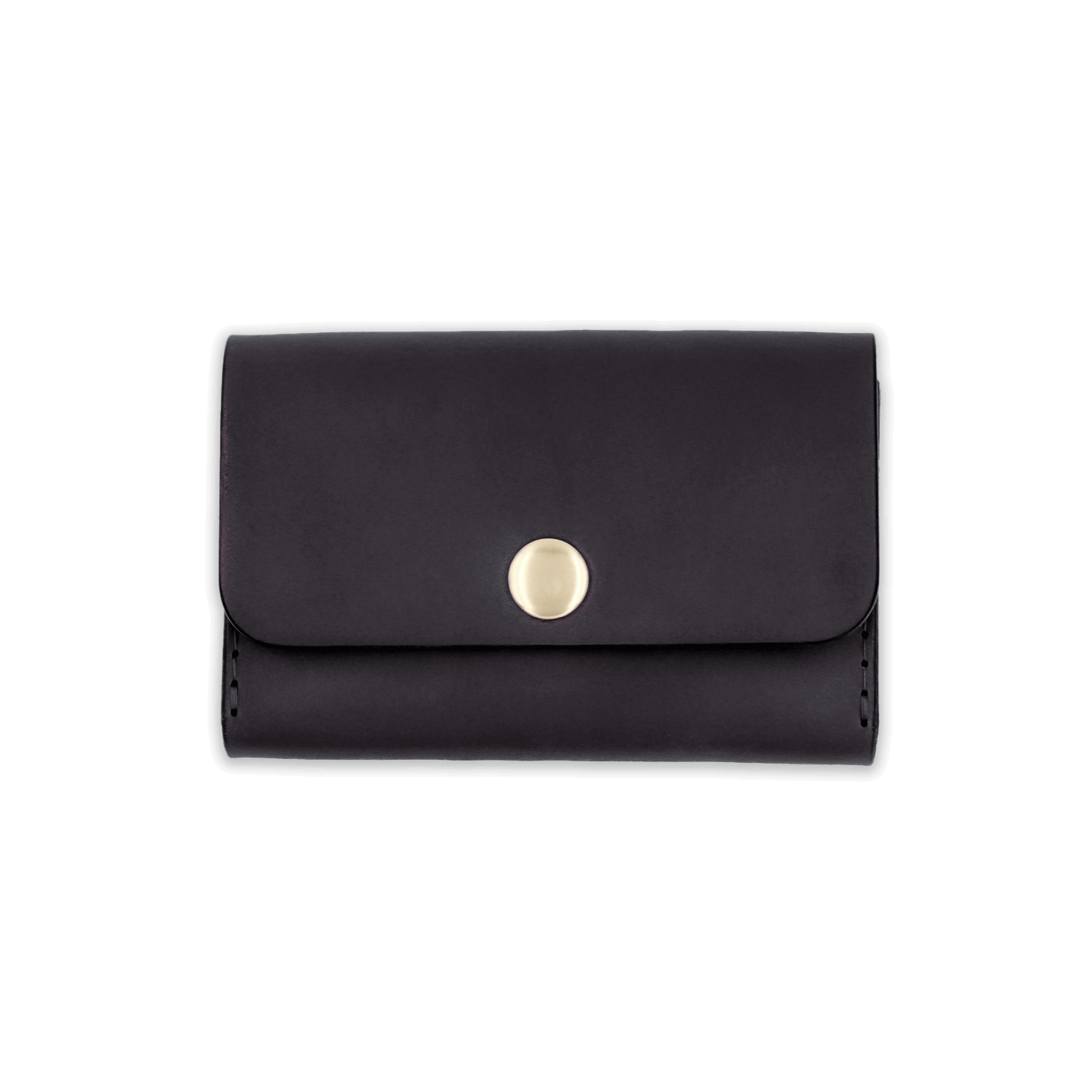 Black leather with stitching, a fold, and brass snap closure.