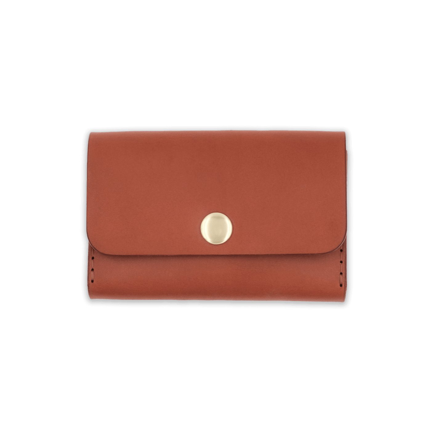 Brown leather with stitching, a fold, and brass snap closure.