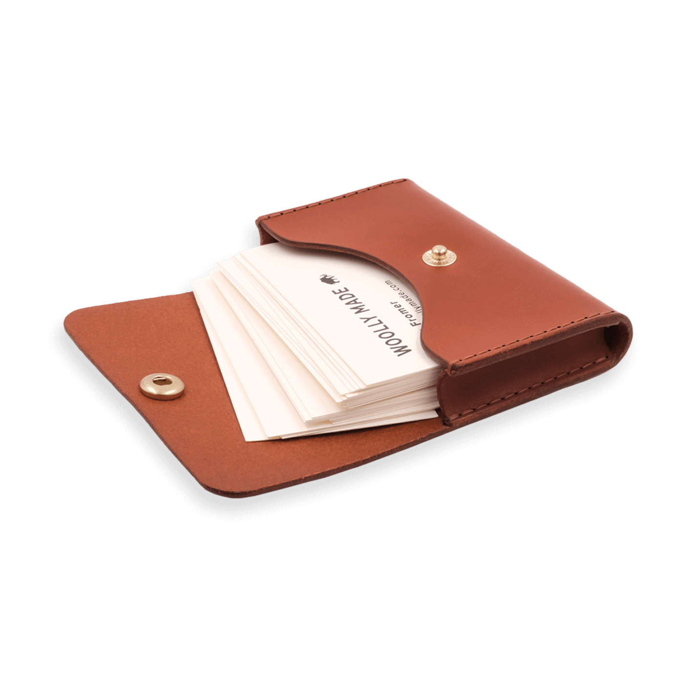 Brown leather with stitching, a fold, and brass snap closure showed open with business cards.