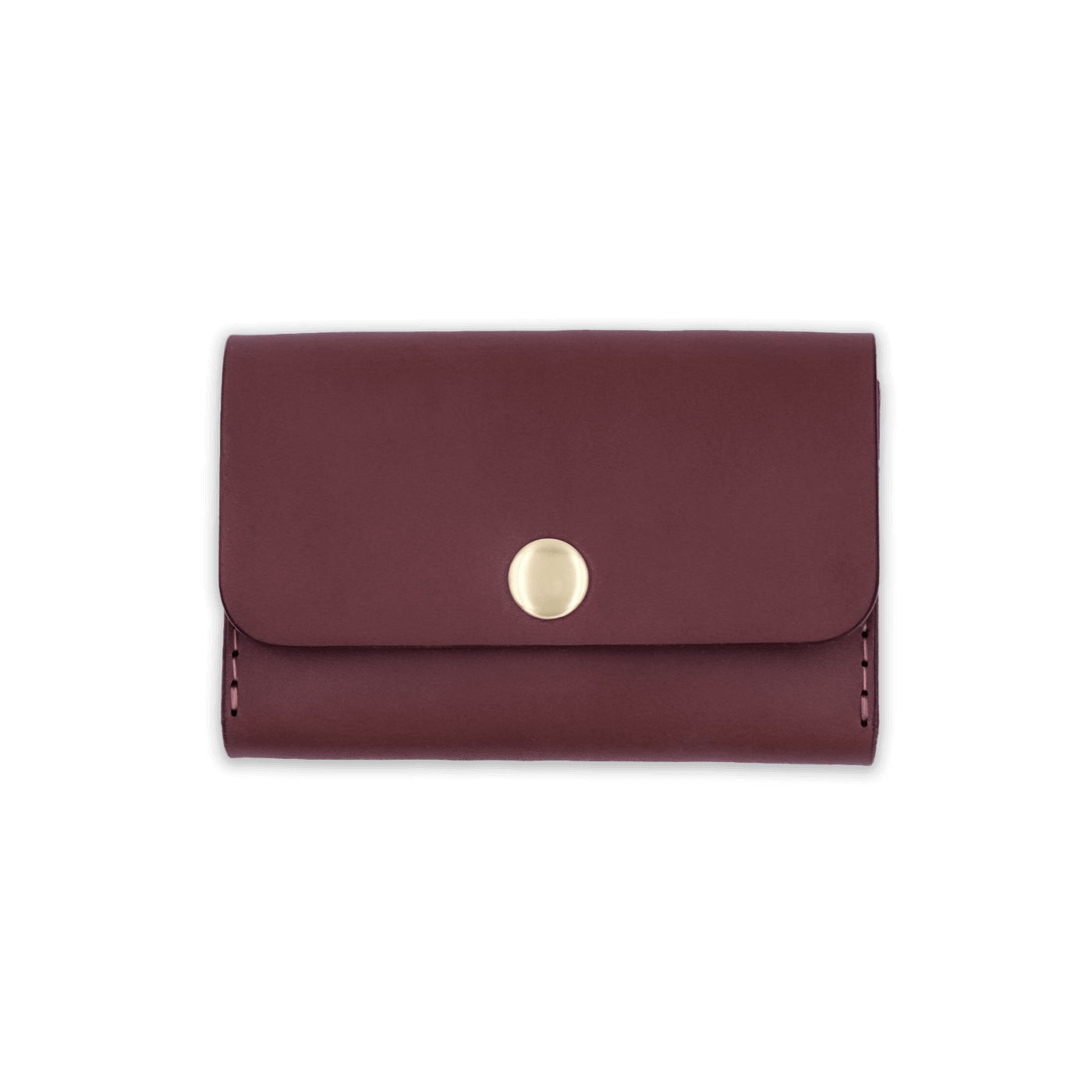 Burgundy leather with stitching, a fold, and brass snap closure.