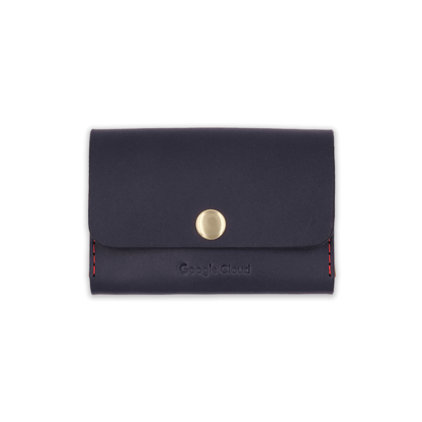 Navy leather with red thread, brass snap closure, and Google Cloud logo.