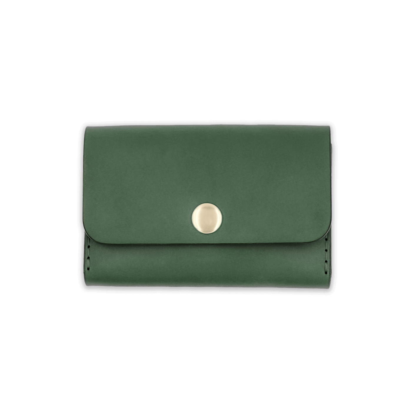 Green leather with stitching, a fold, and brass snap closure.