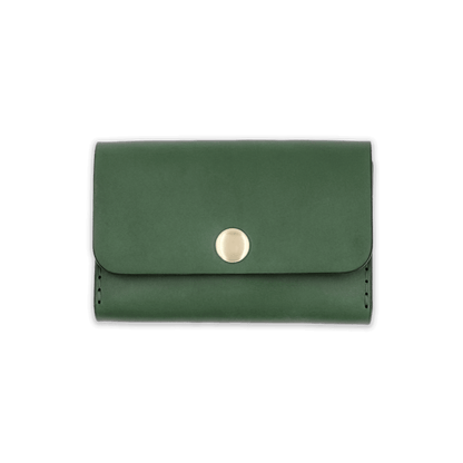 Green leather with stitching, a fold, and brass snap closure.