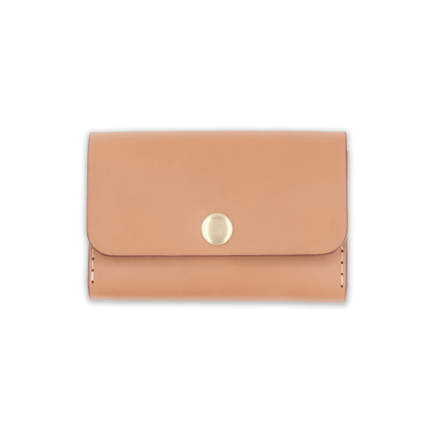 Natural leather with stitching, a fold, and brass snap closure.