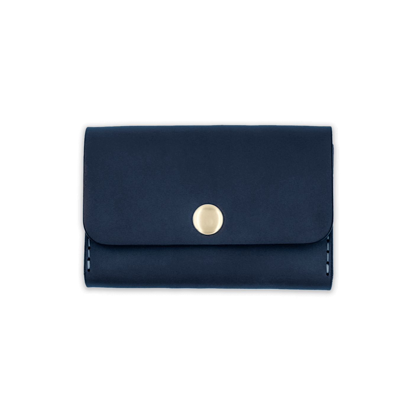 Navy leather with stitching, a fold, and brass snap closure.