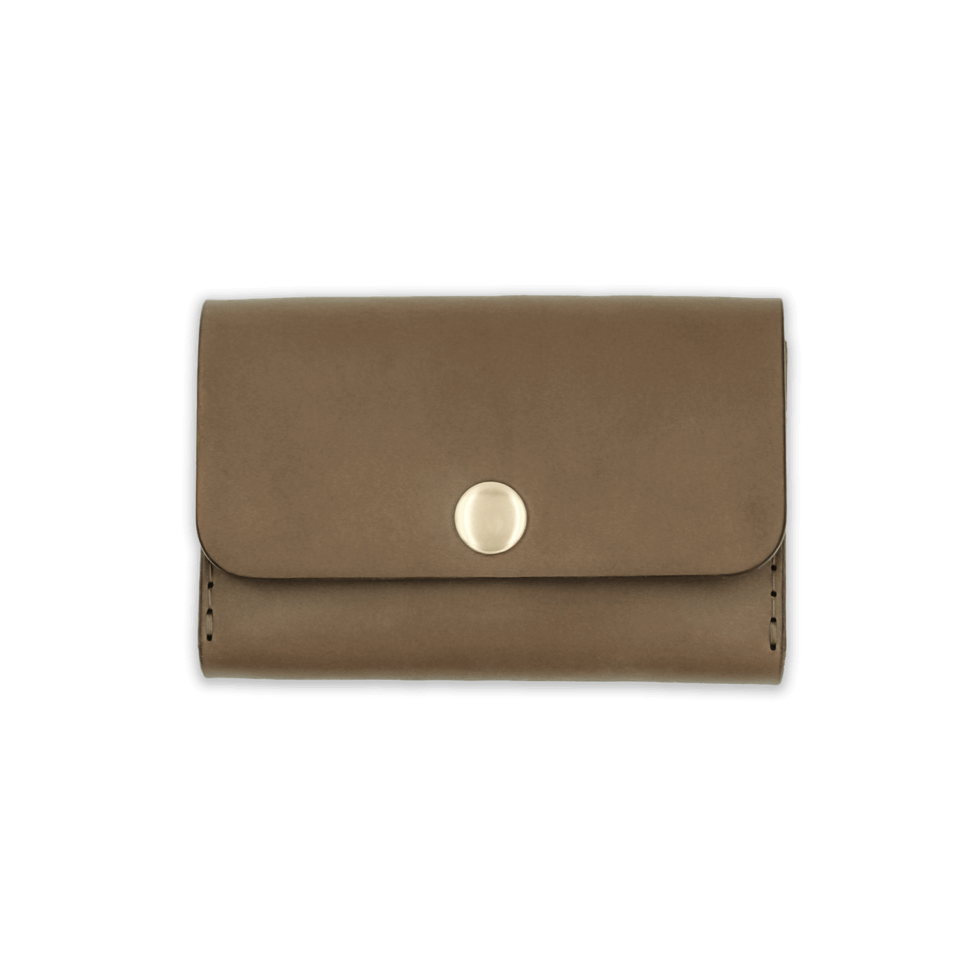 Olive leather with stitching, a fold, and brass snap closure.