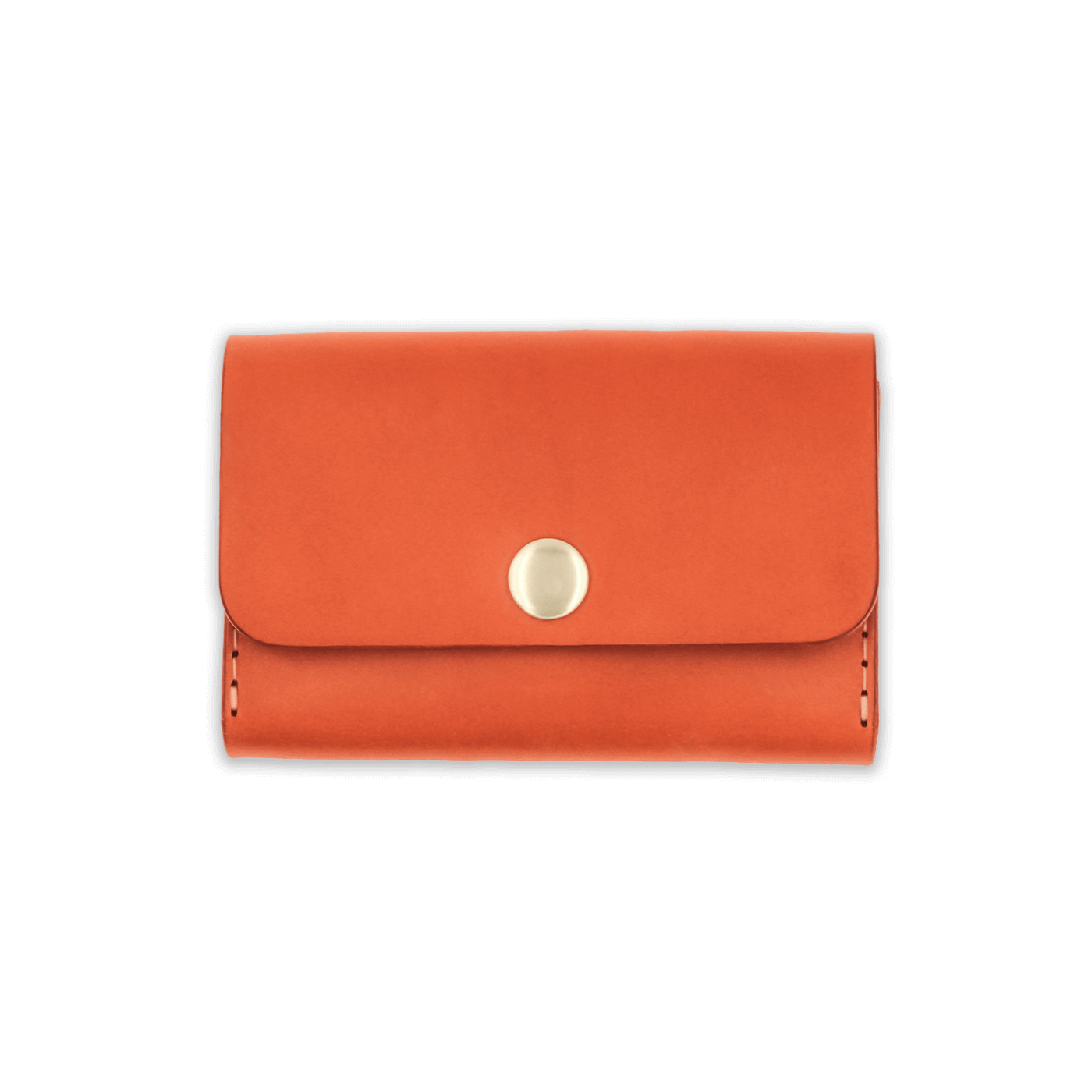 Orange leather with stitching, a fold, and brass snap closure.