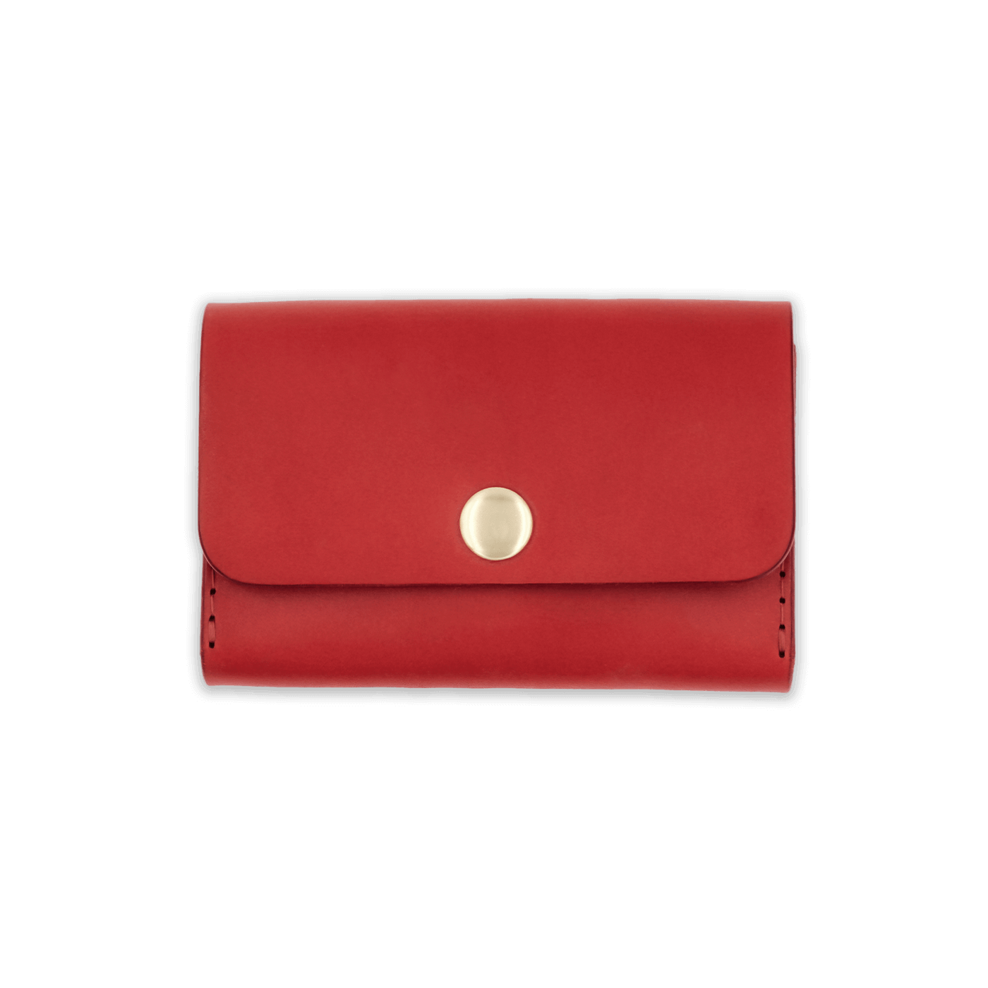 Red leather with stitching, a fold, and brass snap closure.