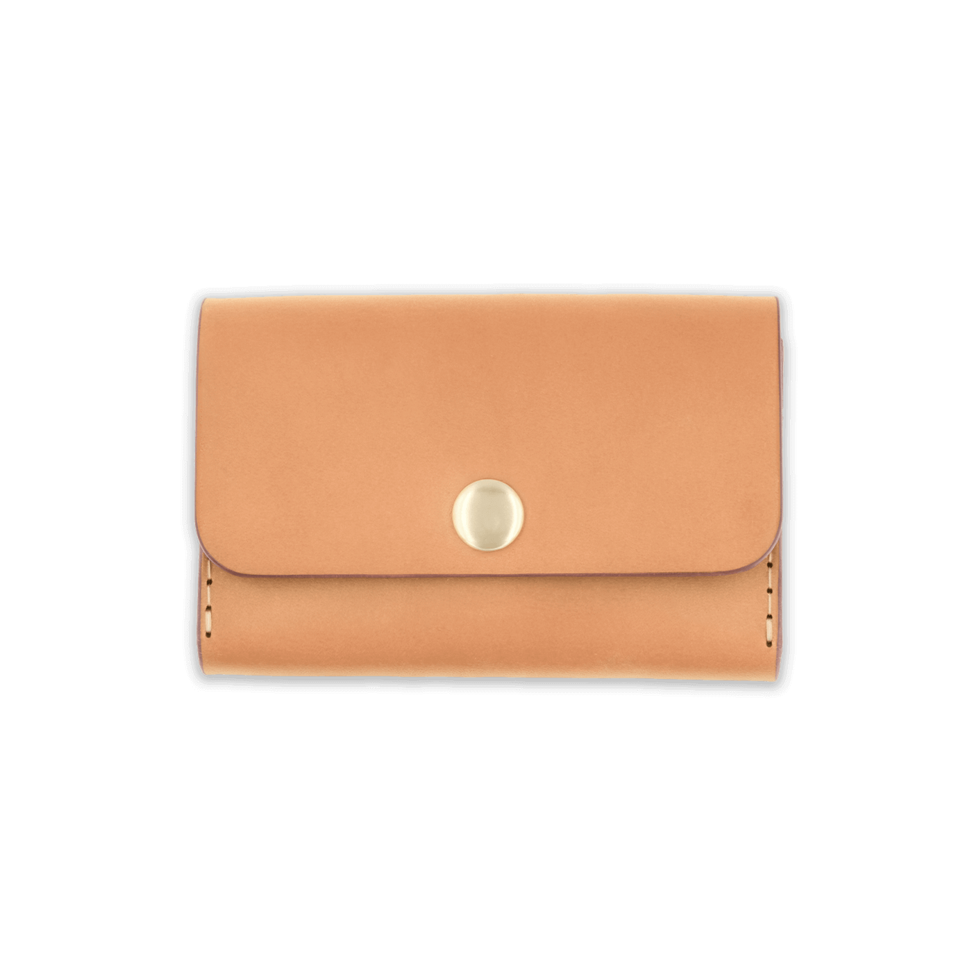 Tan leather with stitching, a fold, and brass snap closure.