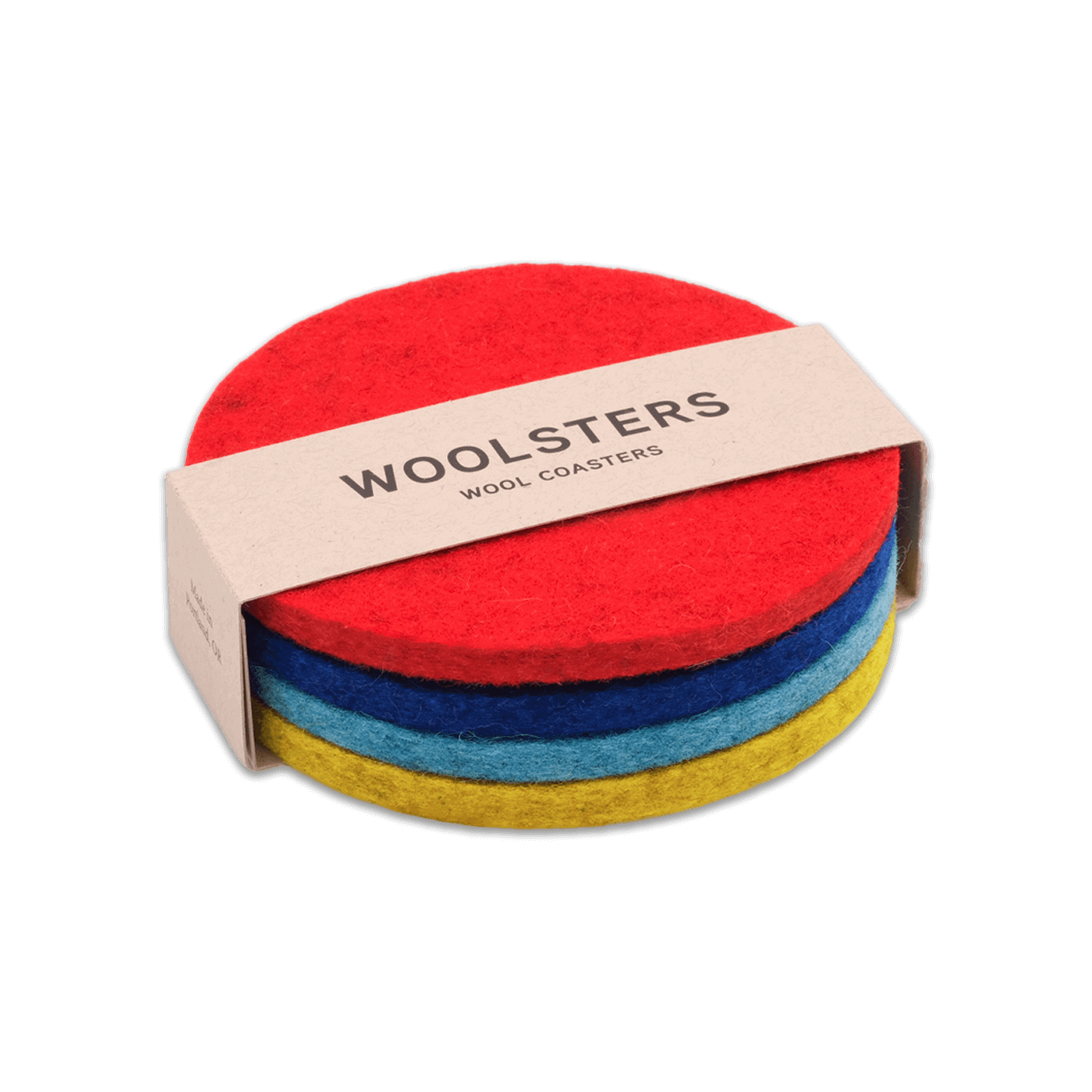 Red, royal blue, sky blue, and yellow wool round coaster mixed set stacked.