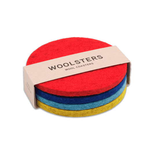 Red, royal blue, sky blue, and yellow wool round coaster mixed set stacked.