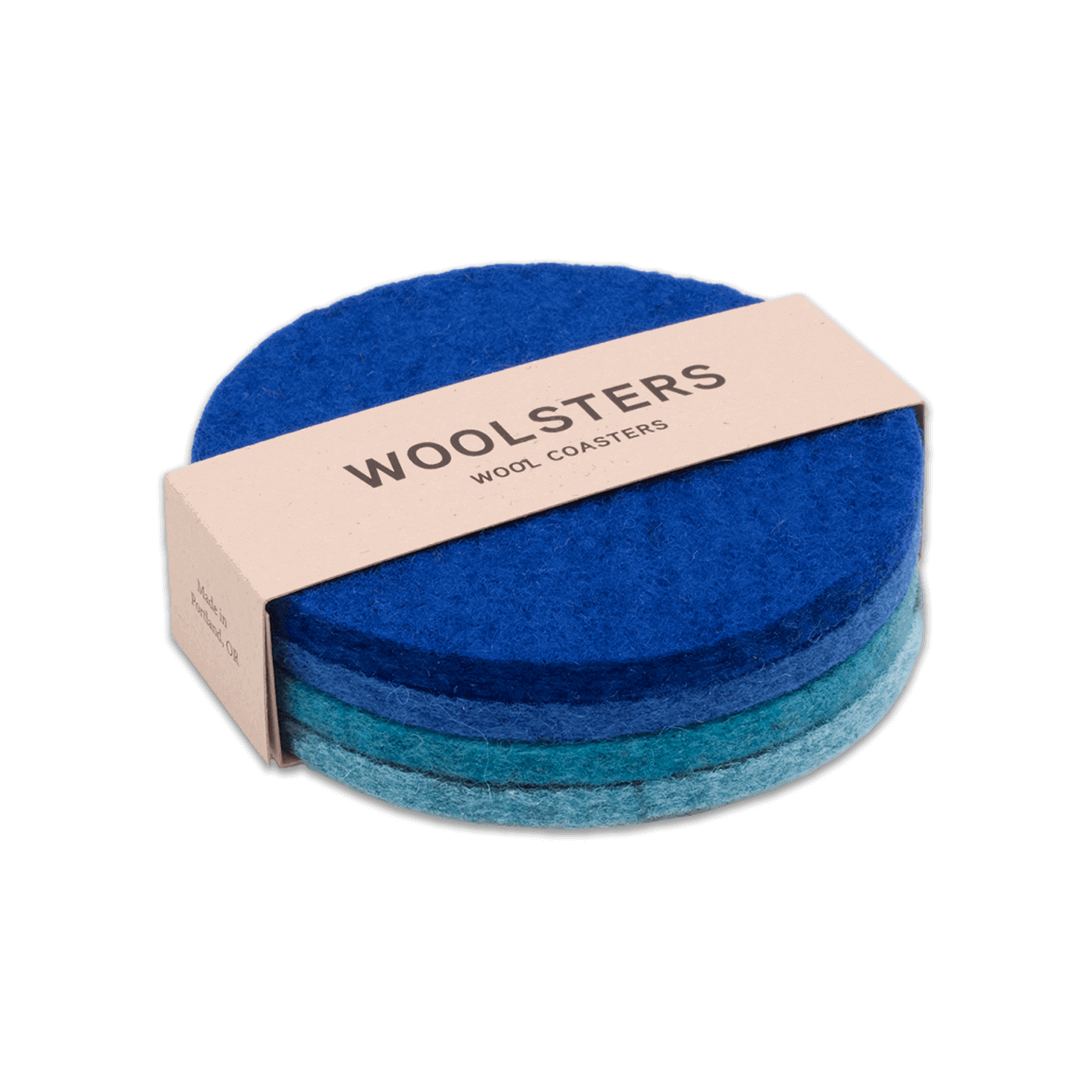 Royal blue, blue, teal, and sky blue wool round coaster mixed set stacked.