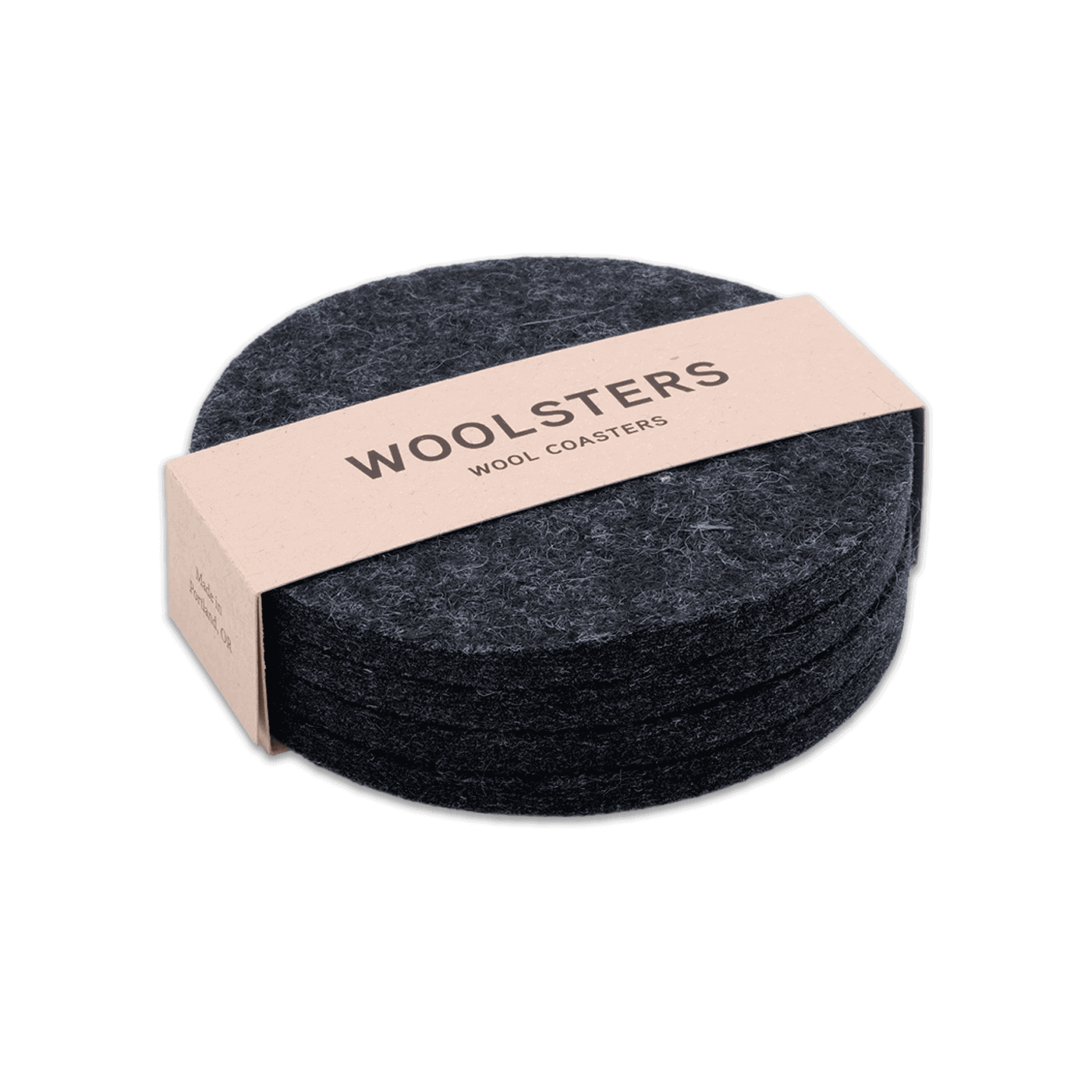 Dark gray wool round coaster set stacked.