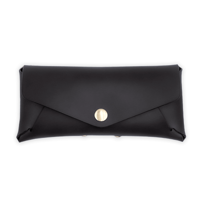 Front view of our Glasses Case in black leather.