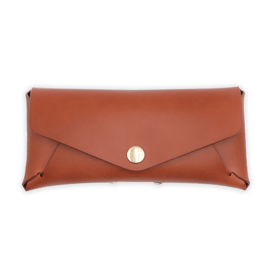 Front view of our Glasses Case in Brown Leather.
