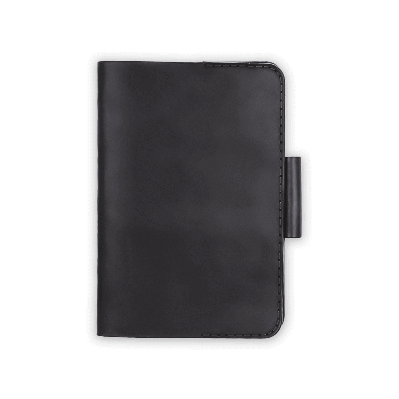 Black leather golf scorecard holder closed view with stitching and side pencil holder.