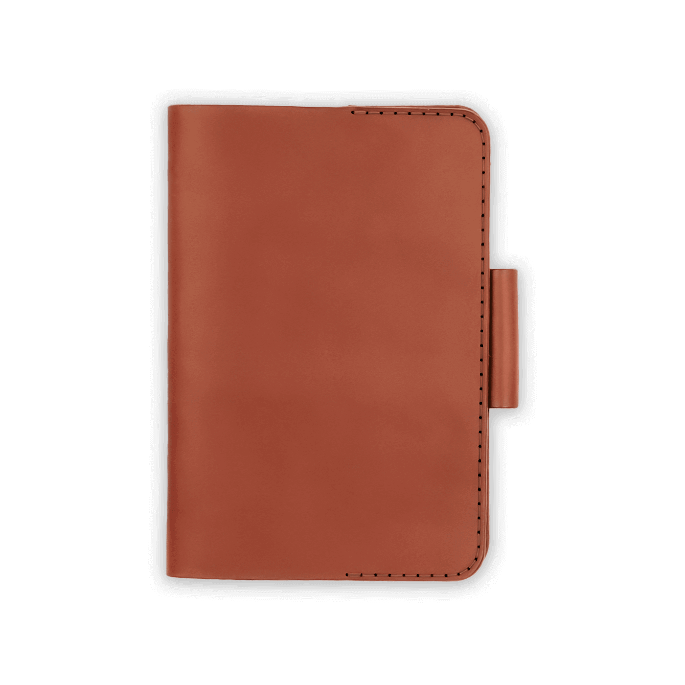 Brown leather golf scorecard holder closed view with stitching and side pencil holder.