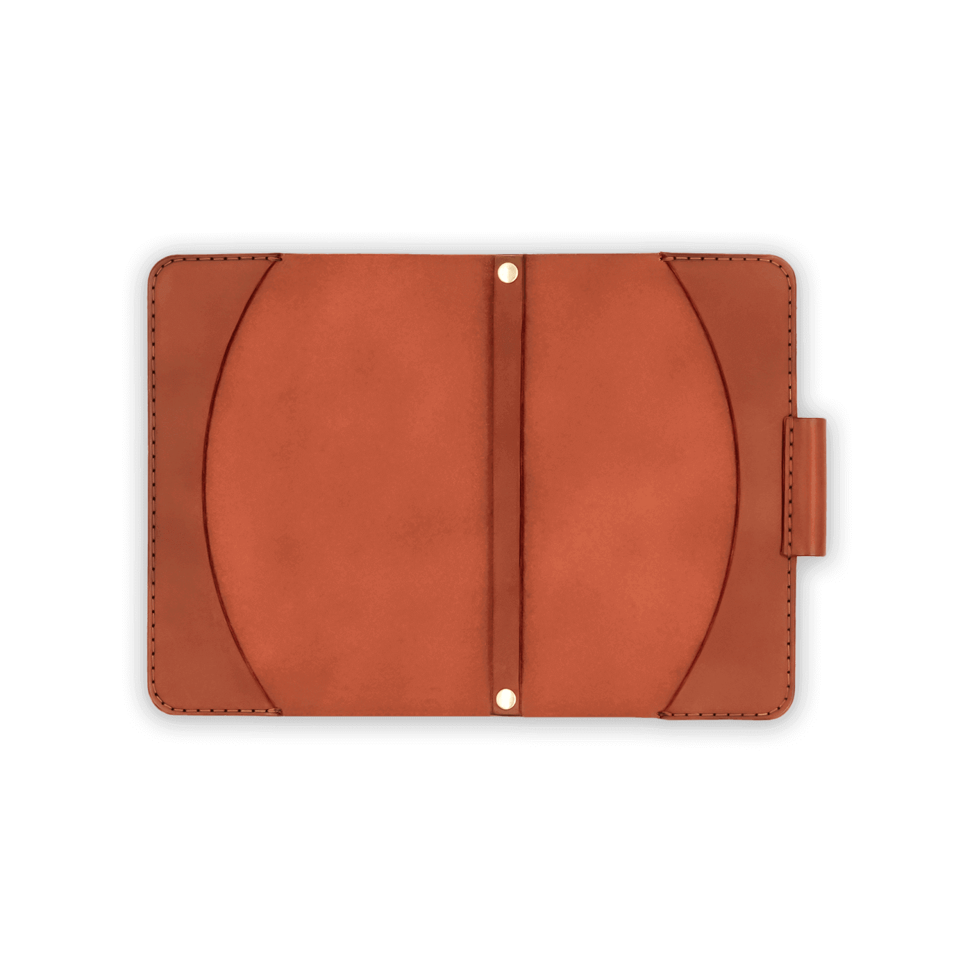 Brown leather golf scorecard holder open view with stitching and side pencil holder.