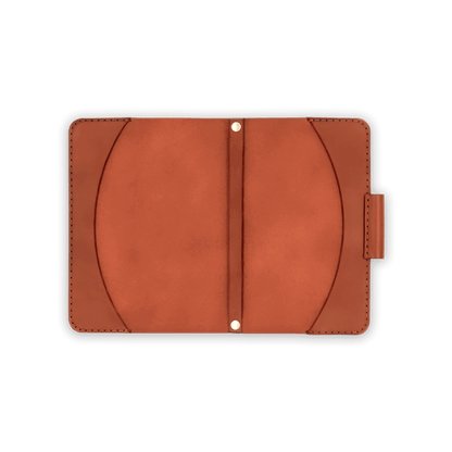 Brown leather golf scorecard holder open view with stitching and side pencil holder.