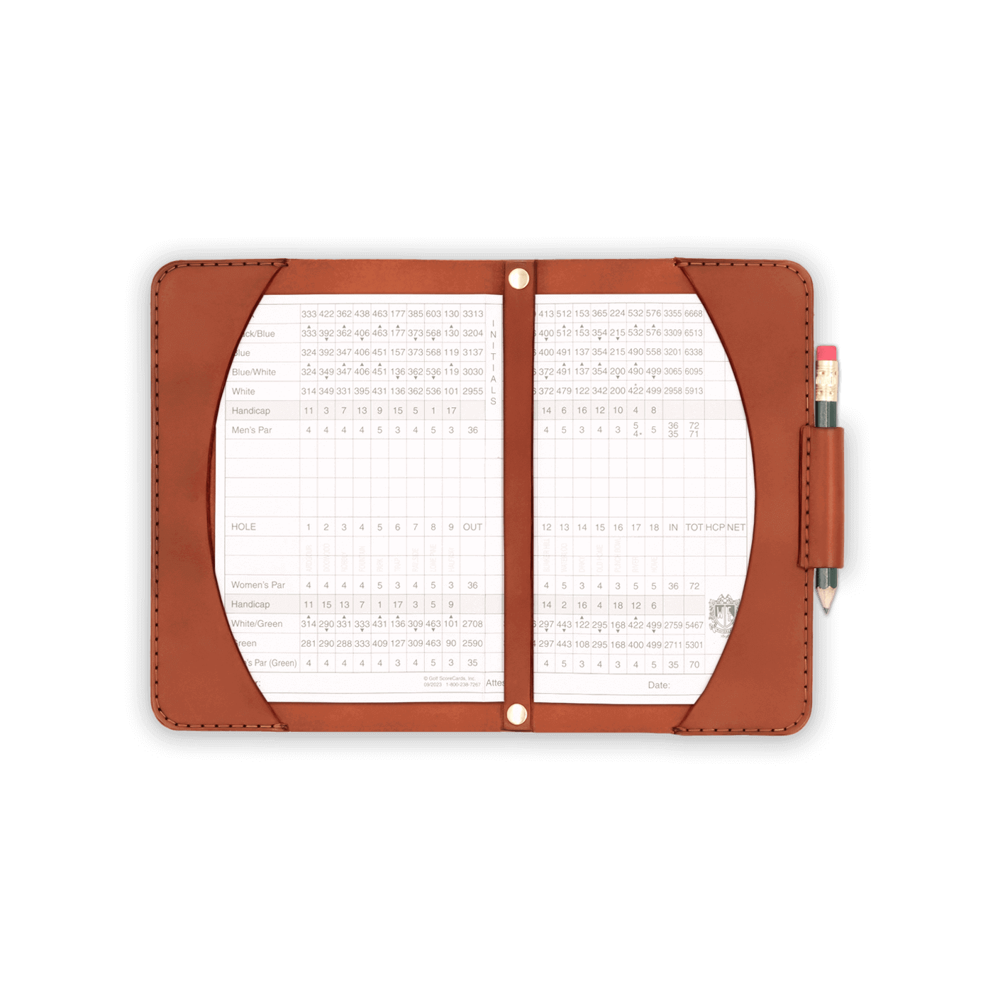 Brown leather golf scorecard holder open view with scorecard, stitching and side pencil holder with small pencil.