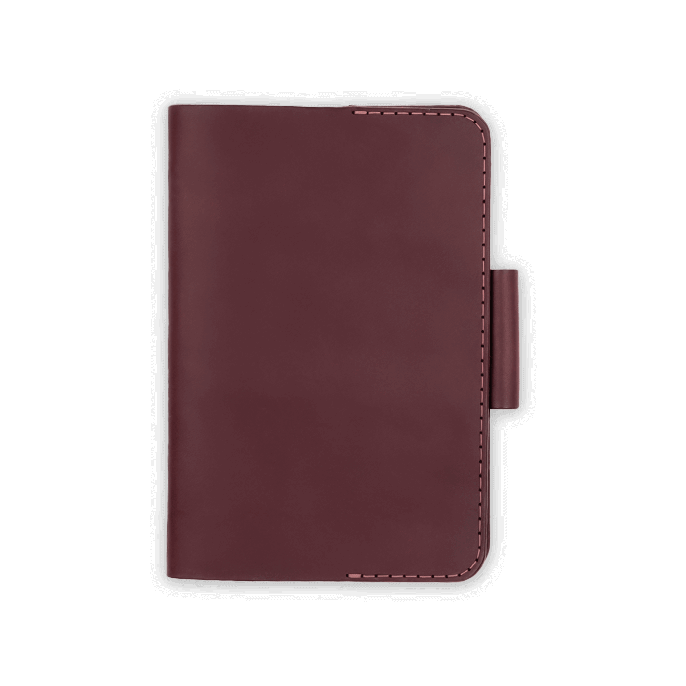 Burgundy leather golf scorecard holder closed view with stitching and side pencil holder.