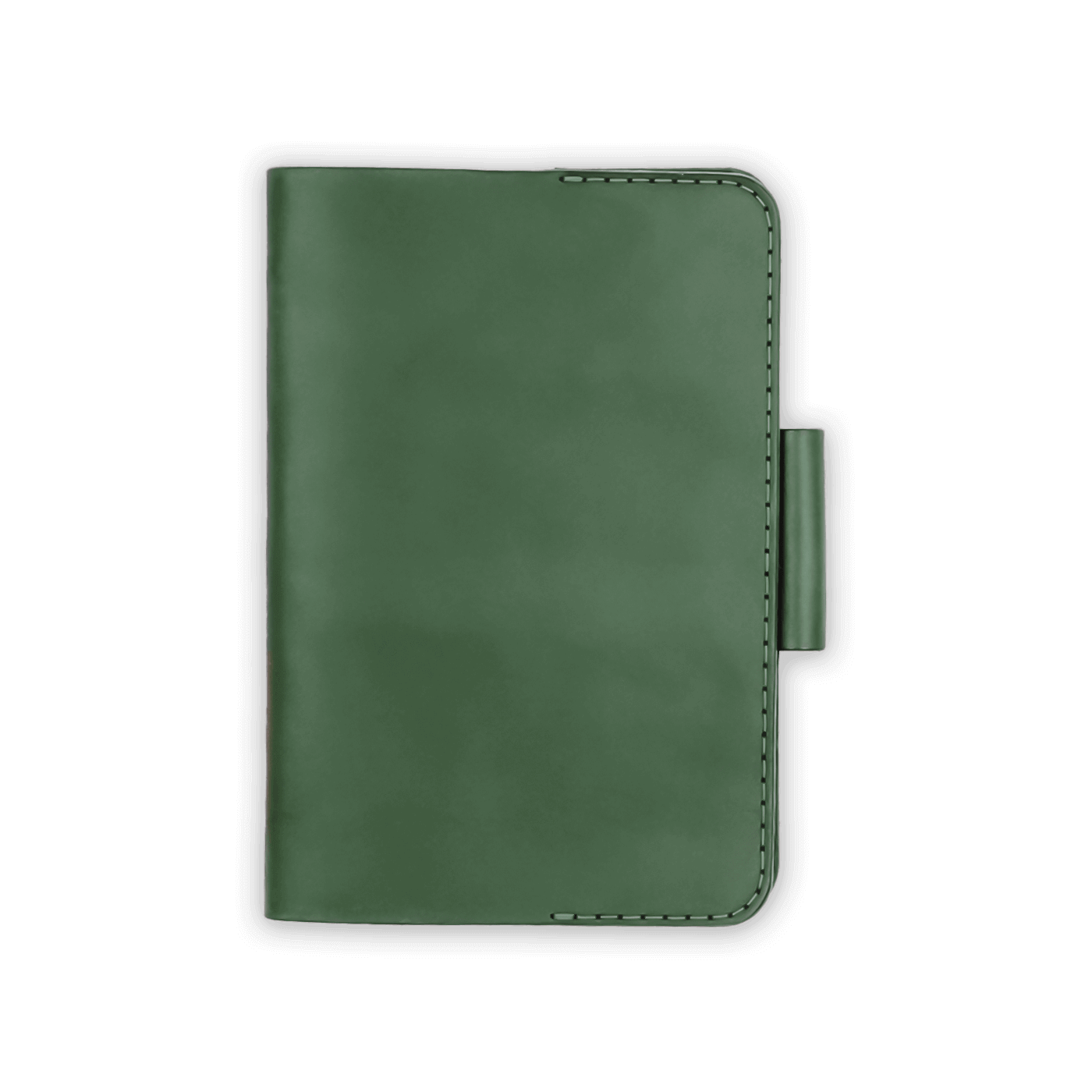 Green leather golf scorecard holder closed view with stitching and side pencil holder.