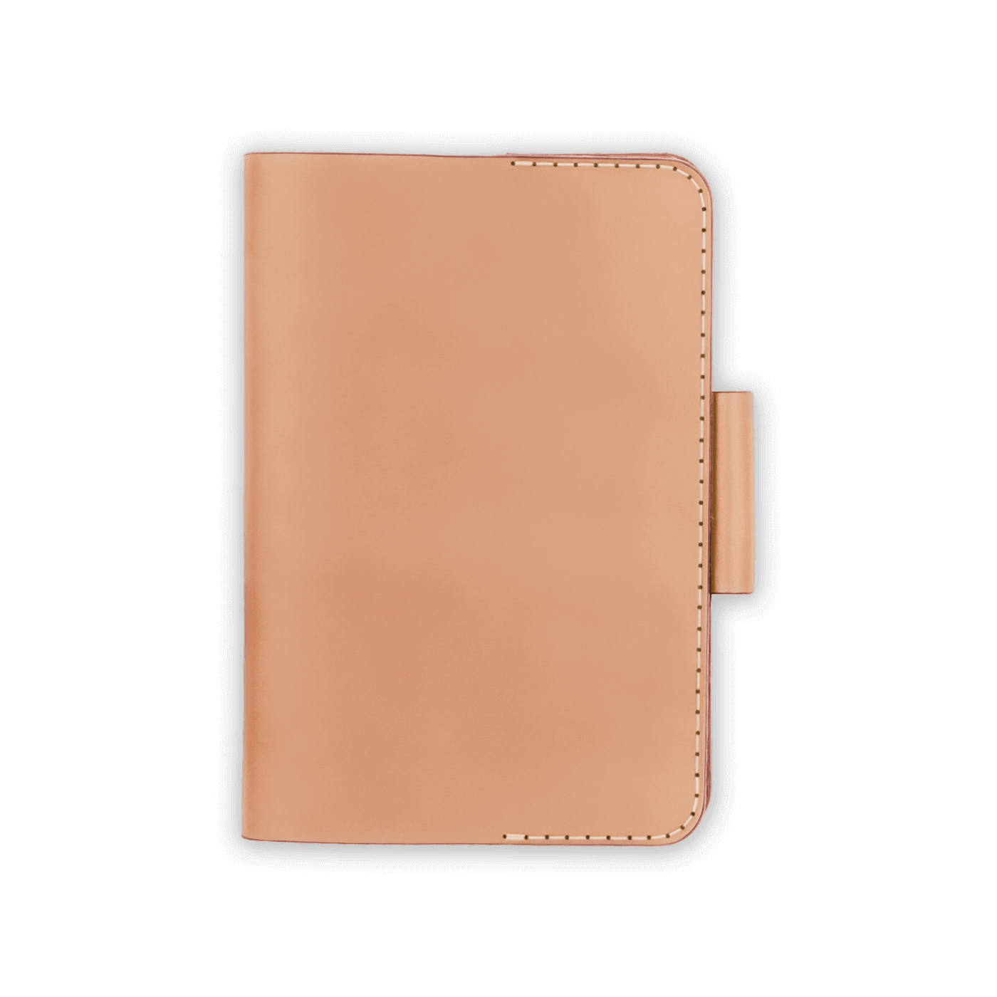 Natural leather golf scorecard holder closed view with stitching and side pencil holder.