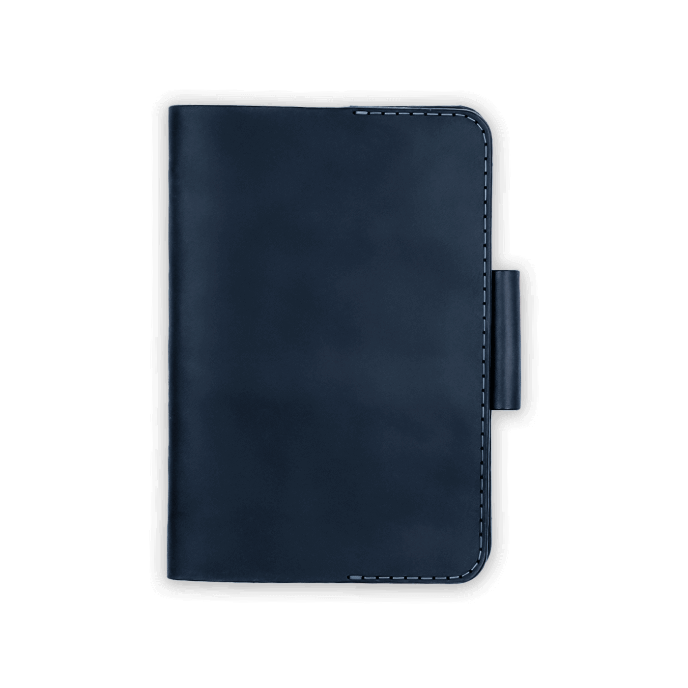 Navy leather golf scorecard holder closed view with stitching and side pencil holder.