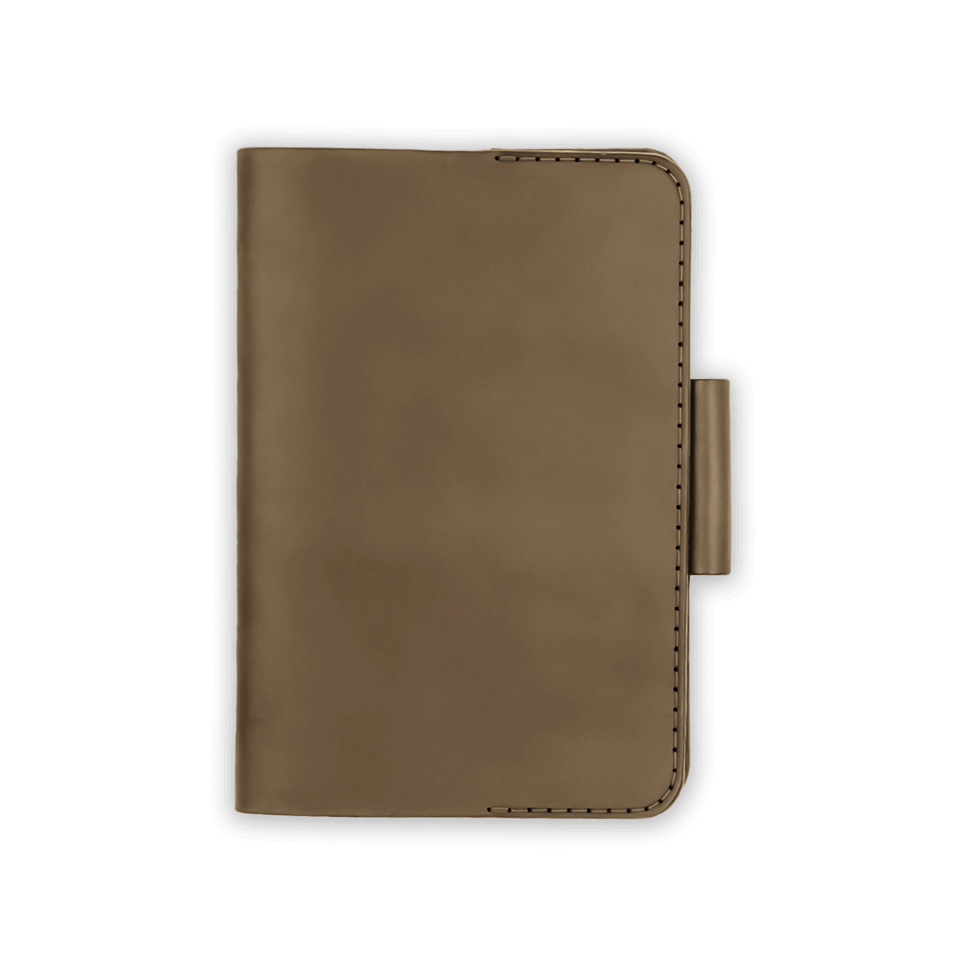 Olive leather golf scorecard holder closed view with stitching and side pencil holder.