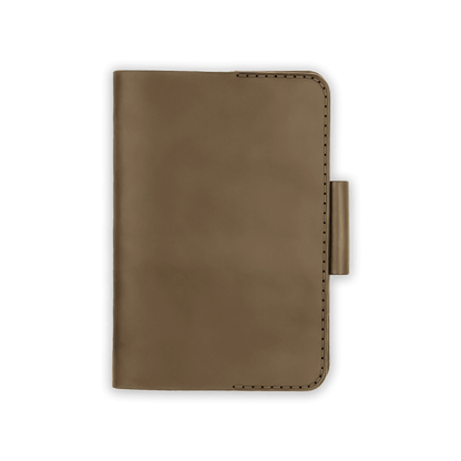 Olive leather golf scorecard holder closed view with stitching and side pencil holder.