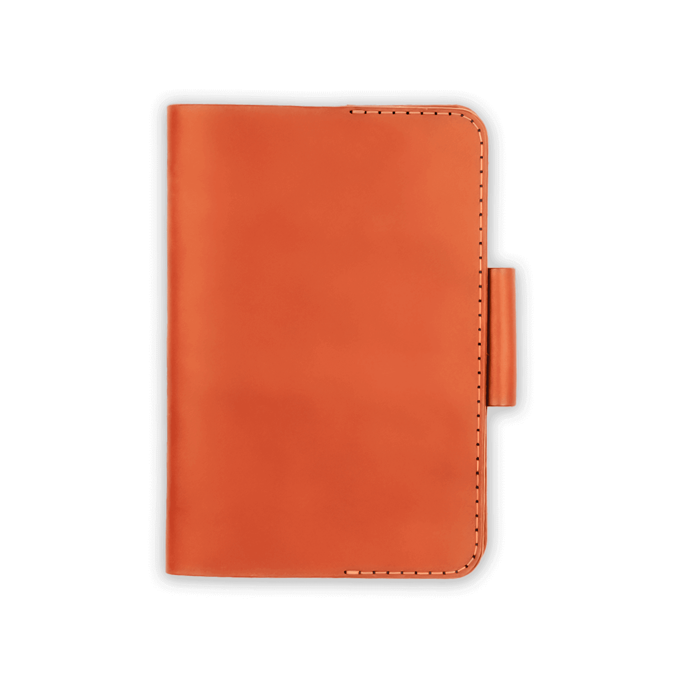 Orange leather golf scorecard holder closed view with stitching and side pencil holder.