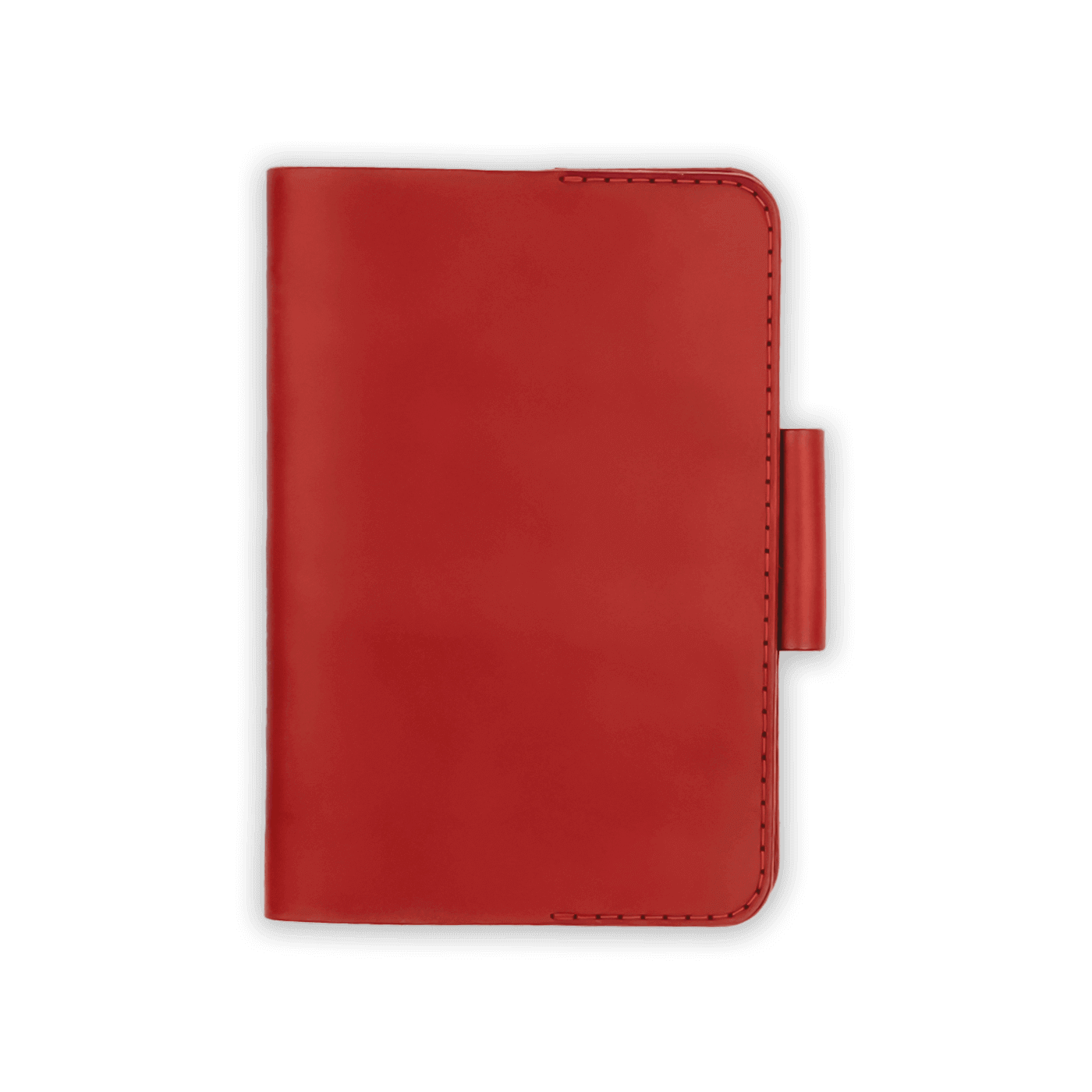 Red leather golf scorecard holder closed view with stitching and side pencil holder.