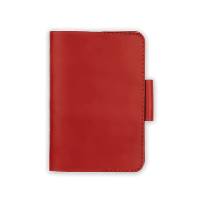 Red leather golf scorecard holder closed view with stitching and side pencil holder.