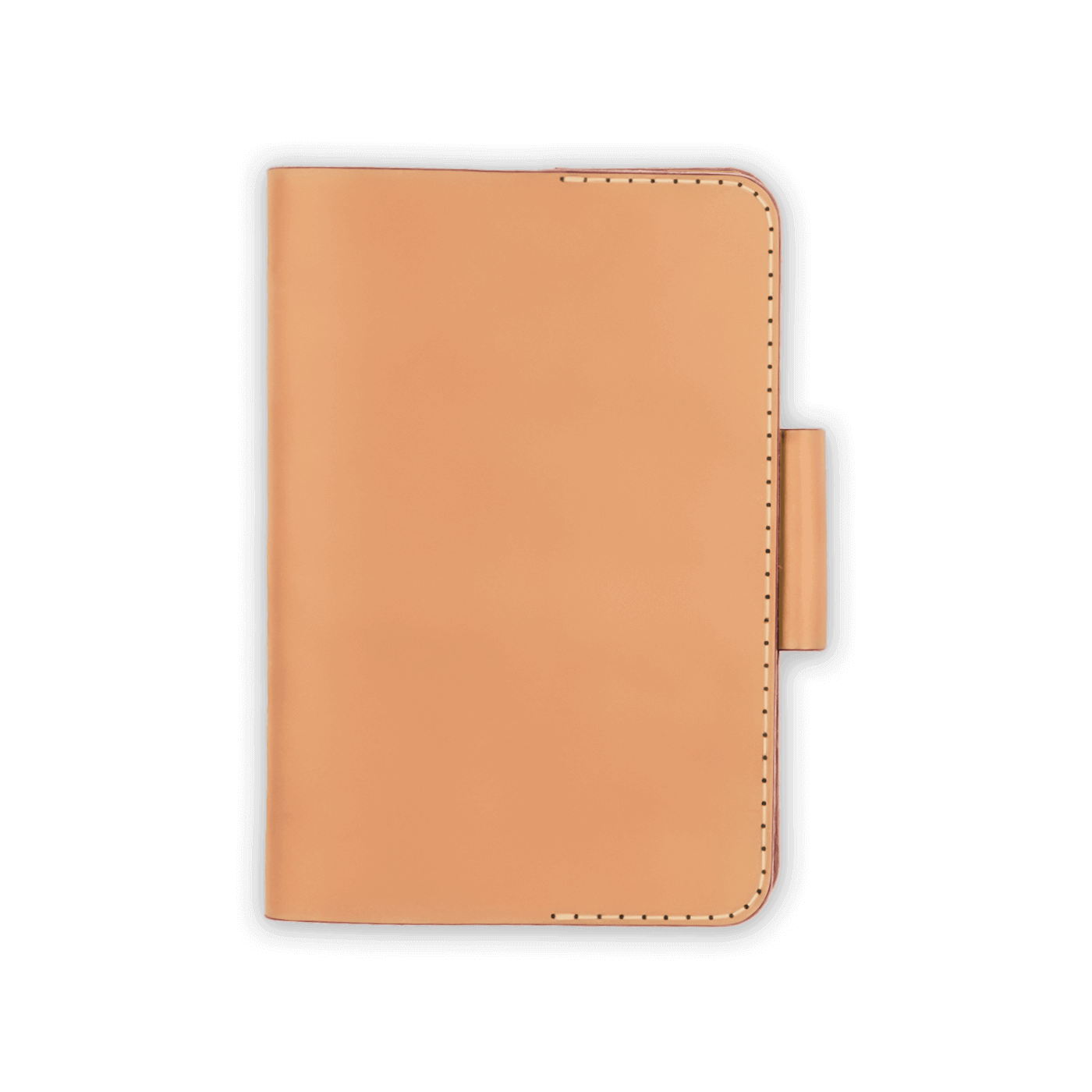 Tan leather golf scorecard holder closed view with stitching and side pencil holder.