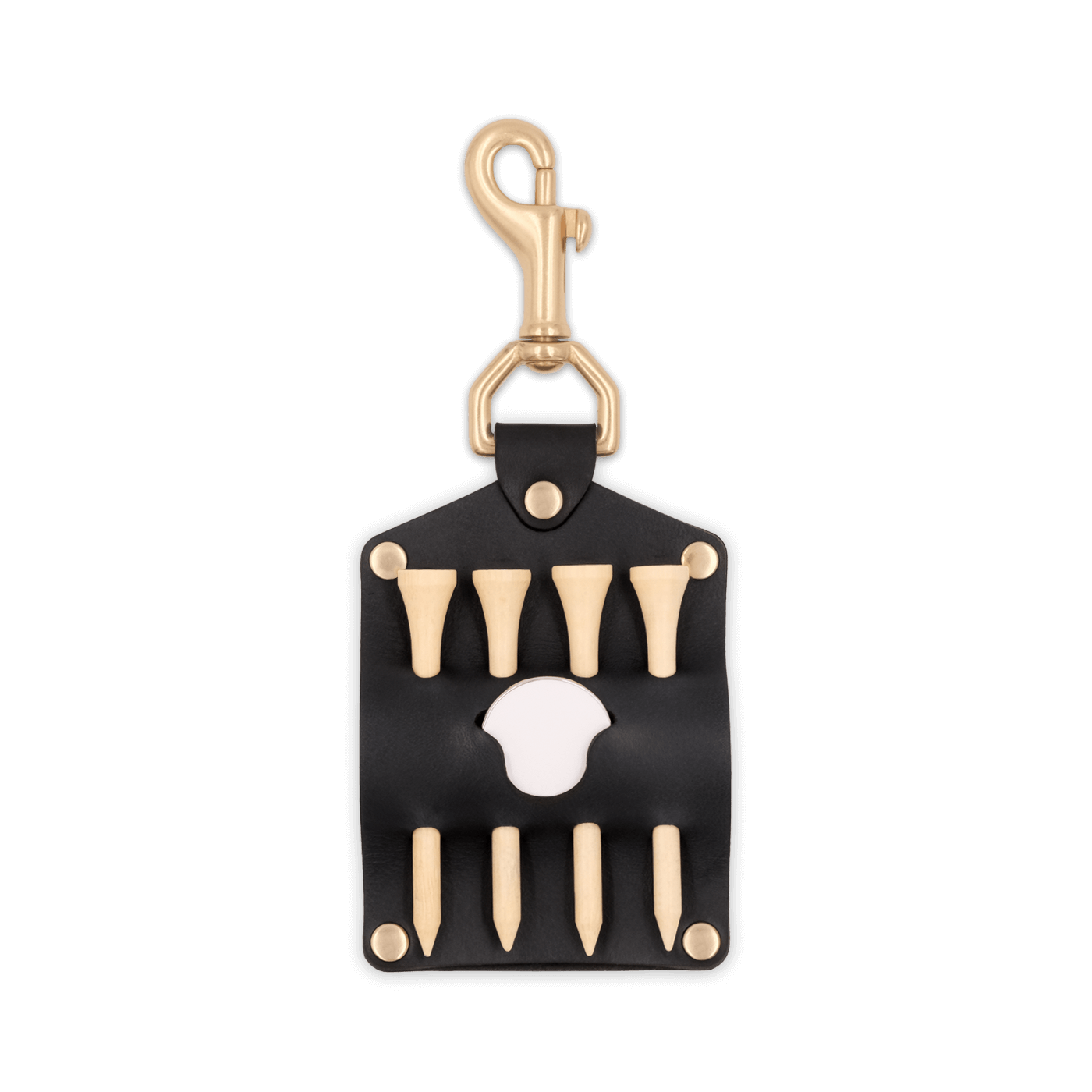 Black leather Golf Tee Holder with 4 wood tees, ball marker, and brass hardware.