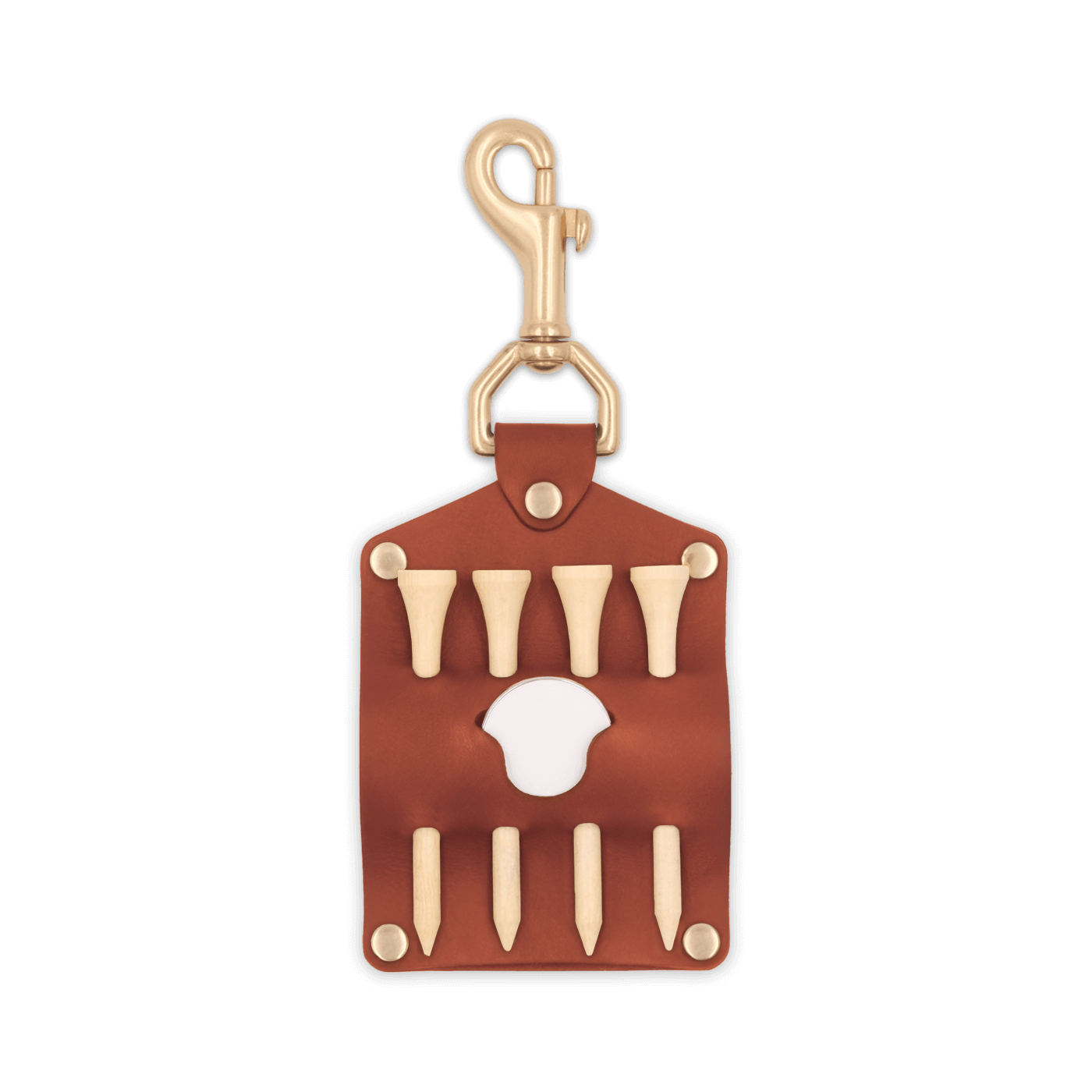 Brown leather Golf Tee Holder with 4 wood tees, ball marker, and brass hardware.