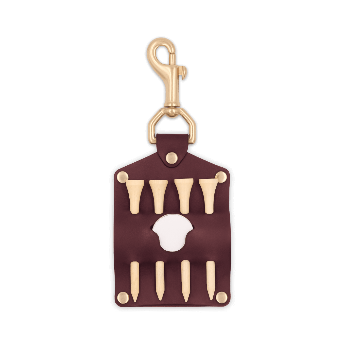 Burgundy leather Golf Tee Holder with 4 wood tees, ball marker, and brass hardware.