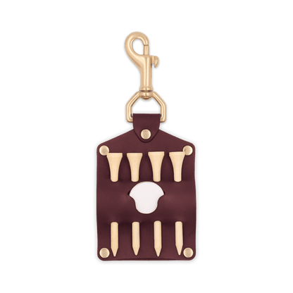 Burgundy leather Golf Tee Holder with 4 wood tees, ball marker, and brass hardware.