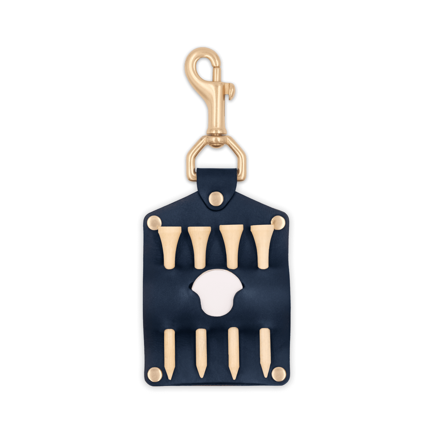 Navy leather Golf Tee Holder with 4 wood tees, ball marker, and brass hardware.