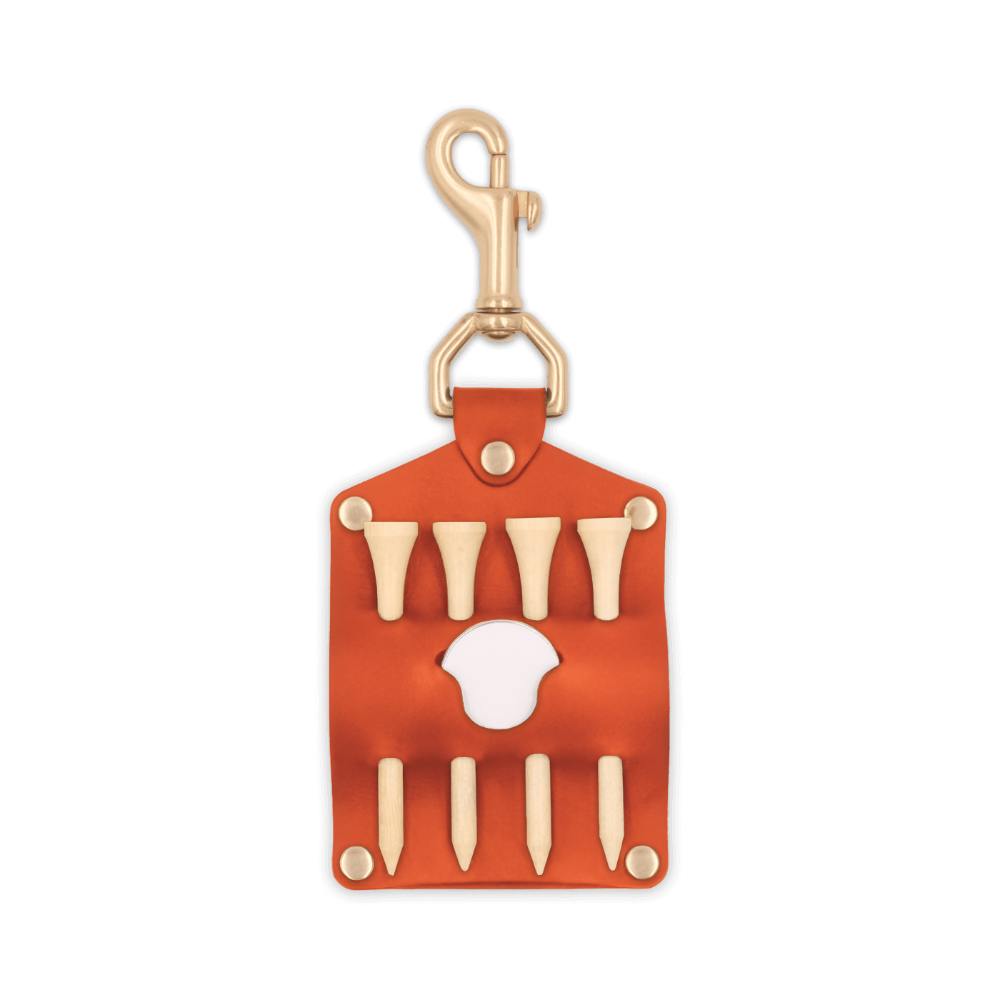 Orange leather Golf Tee Holder with 4 wood tees, ball marker, and brass hardware.