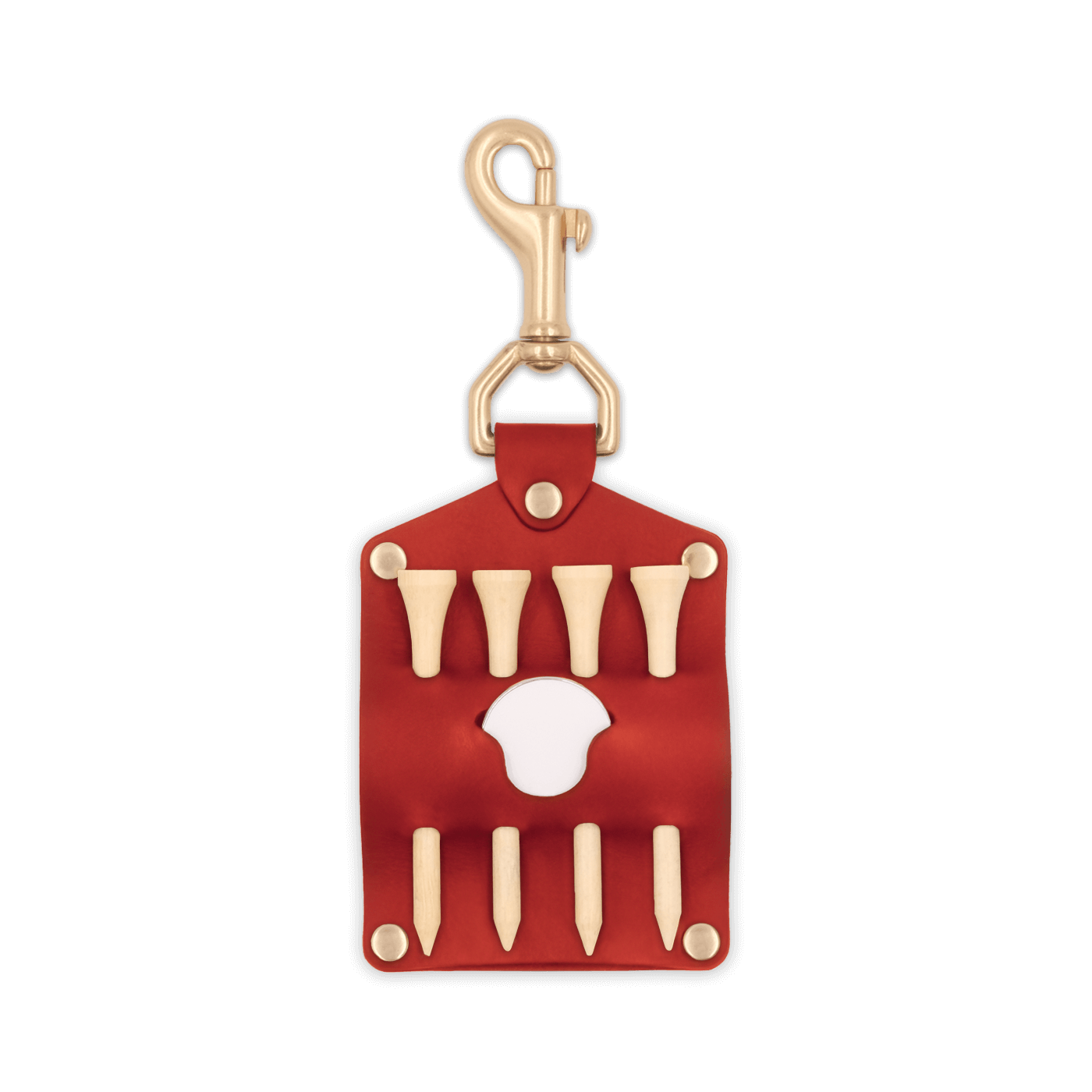 Red leather Golf Tee Holder with 4 wood tees, ball marker, and brass hardware.