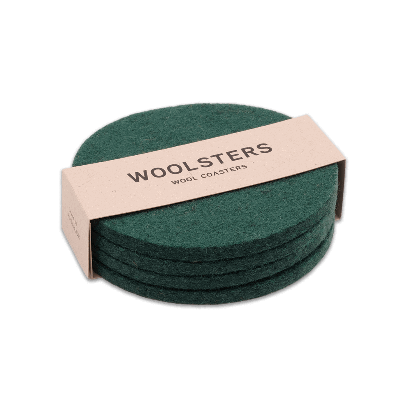 Green wool round coaster set stacked.