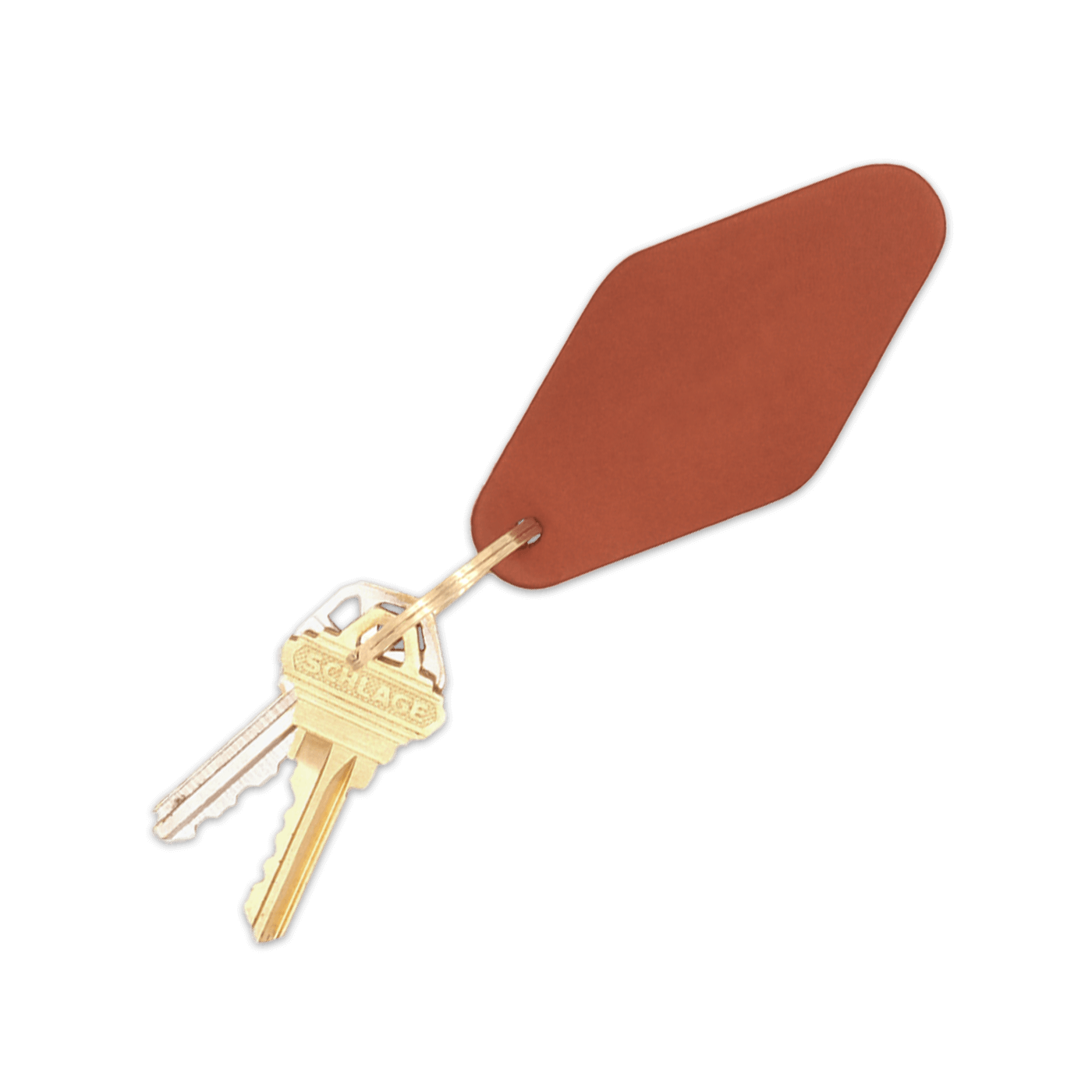 Brown leather diamond shape with brass hardware and keys