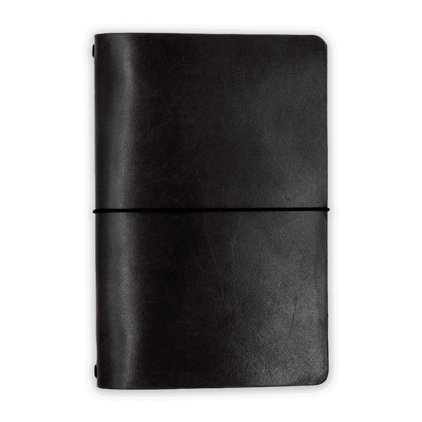 Black glazed leather journal cover closed view with elastic strap.