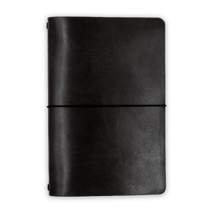 Black glazed leather journal cover closed view with elastic strap.