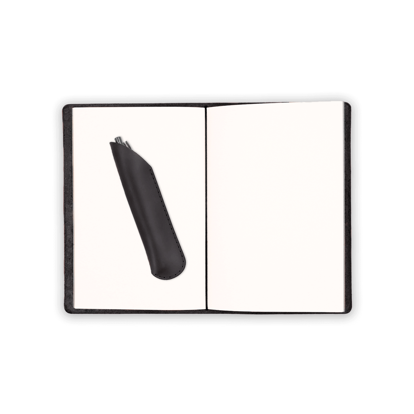 Black glazed leather journal cover open view with blank notebook, pen in black leather pen sheath, and elastic strap.